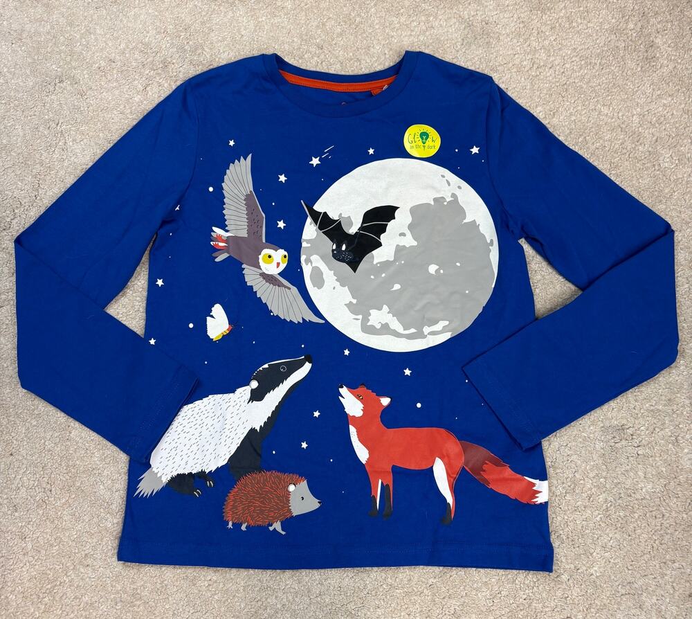 NWT Mini Boden Glow in the Dark Brilliant Blue Animals Long Sleeve Shirt 9-10Y